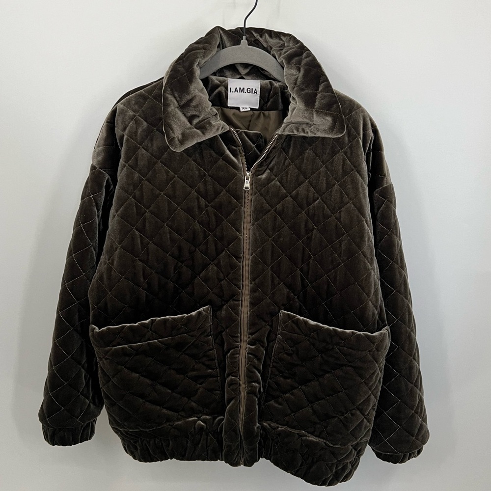 I.AM.GIA olive green Contraband velvet quilted jacket